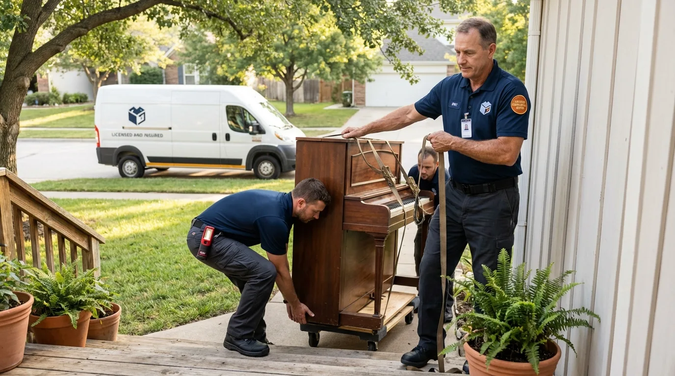Licensed piano movers securing grand piano in Salamanca, NY