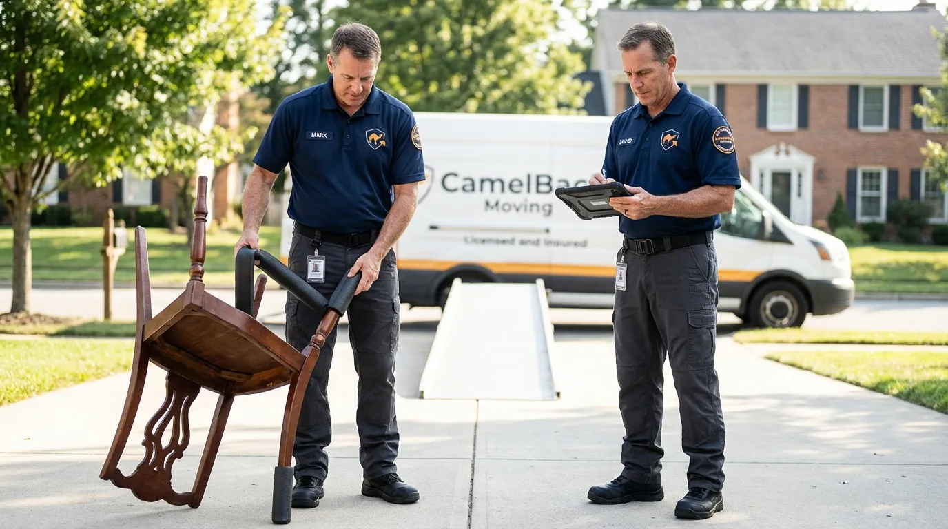 Movers inspecting furniture for damage prevention before loading in Salamanca, NY