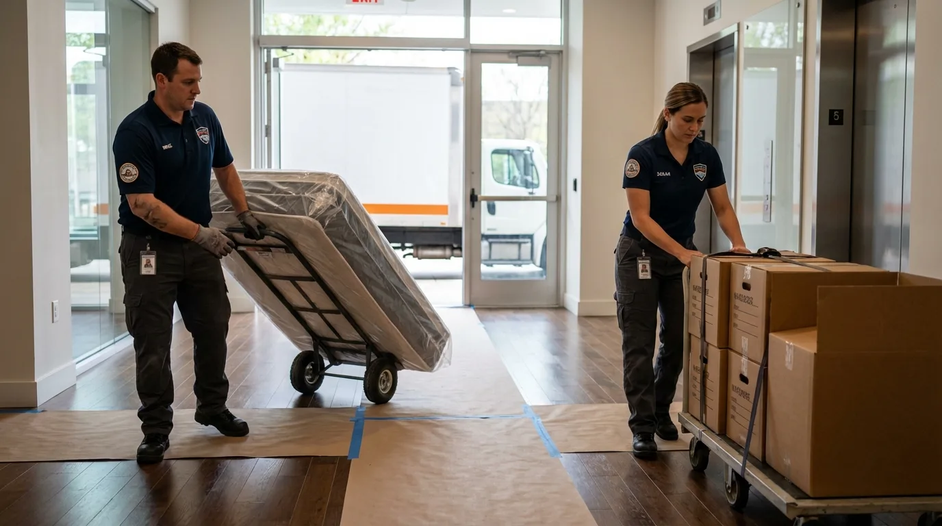 Professional apartment movers loading elevator in Salamanca, NY
