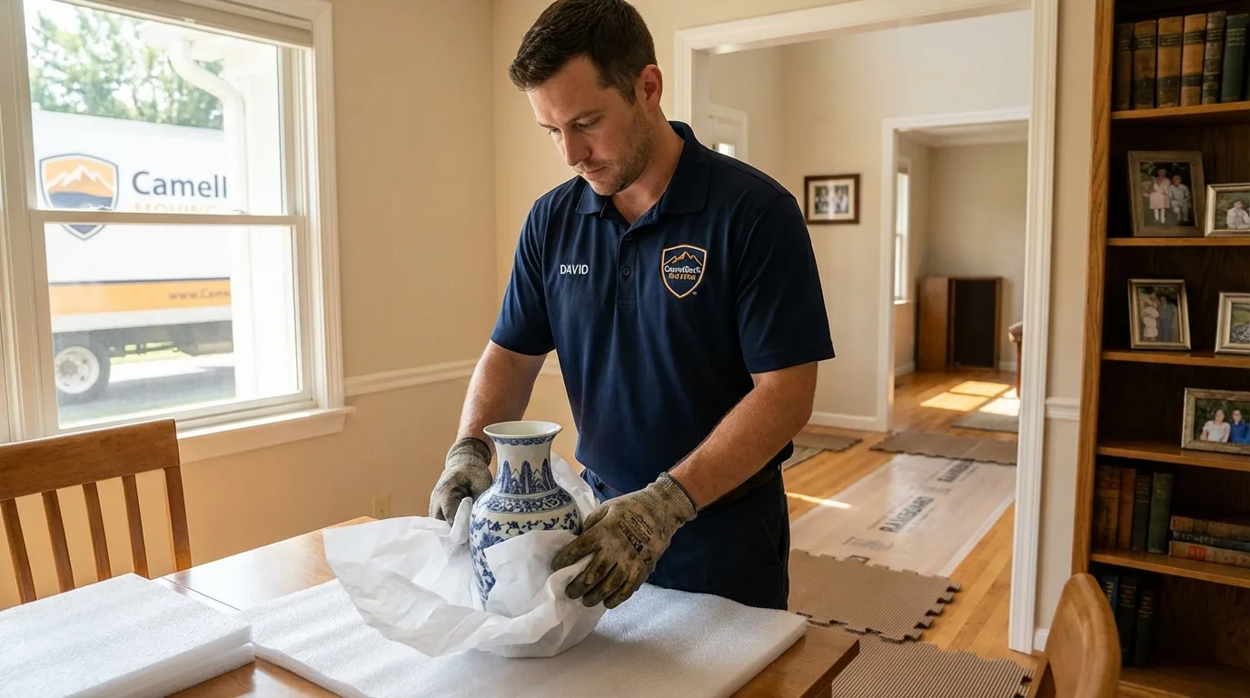 Professional crew carefully wrapping antique vase for senior downsizing move in Salamanca, NY